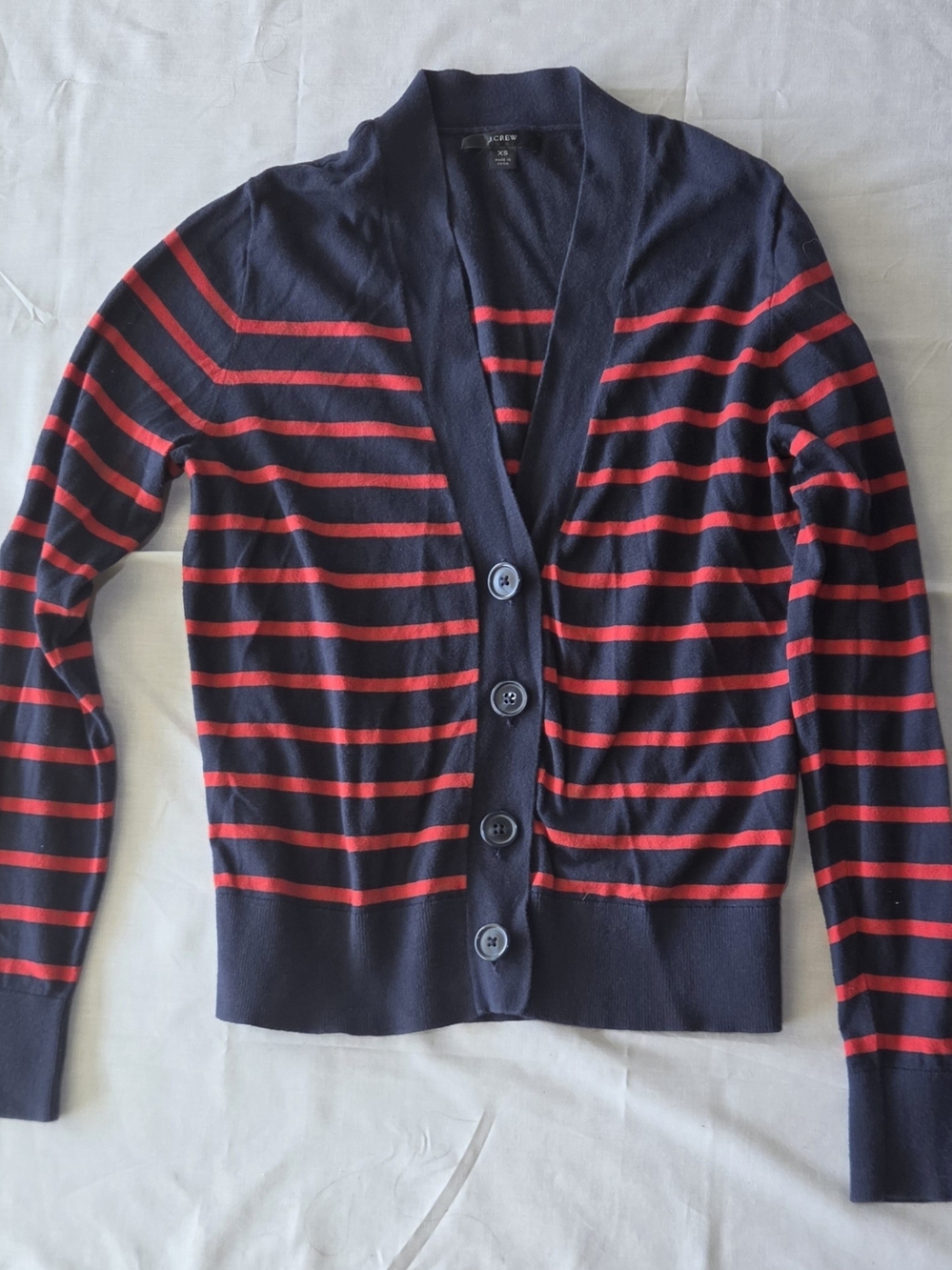 J. Crew Navy Red Striped Button-Front Cardigan Light Academia Preppy Fall